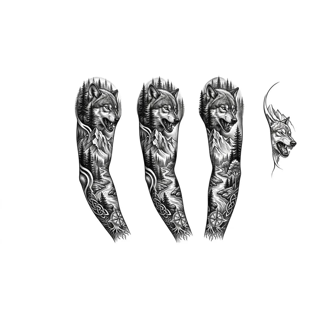 Тату эскиз: Лес горы волк