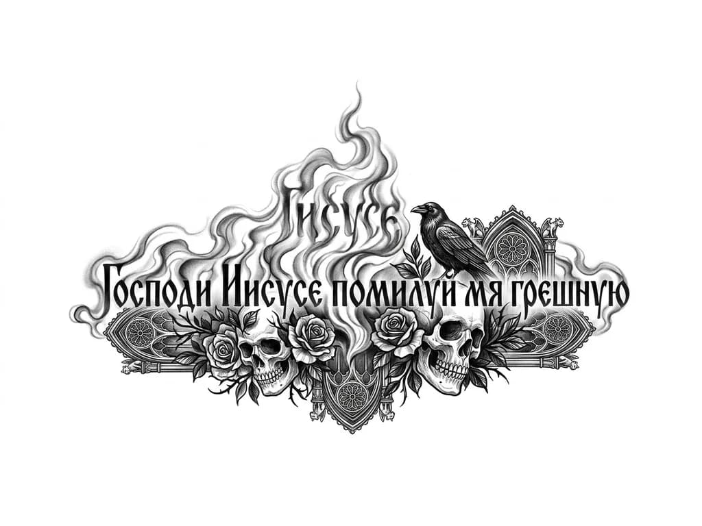 Тату эскиз: эскиз в стиле Smoke Lettering. Текст церковнославянский. Представь, что дым от ладана принял форму букв. Нужно без четких границ, максимально мягкая растушевка (whip shading), эффект выдувания краски аэрографом. Форма облака должна быть вытянута вверх».