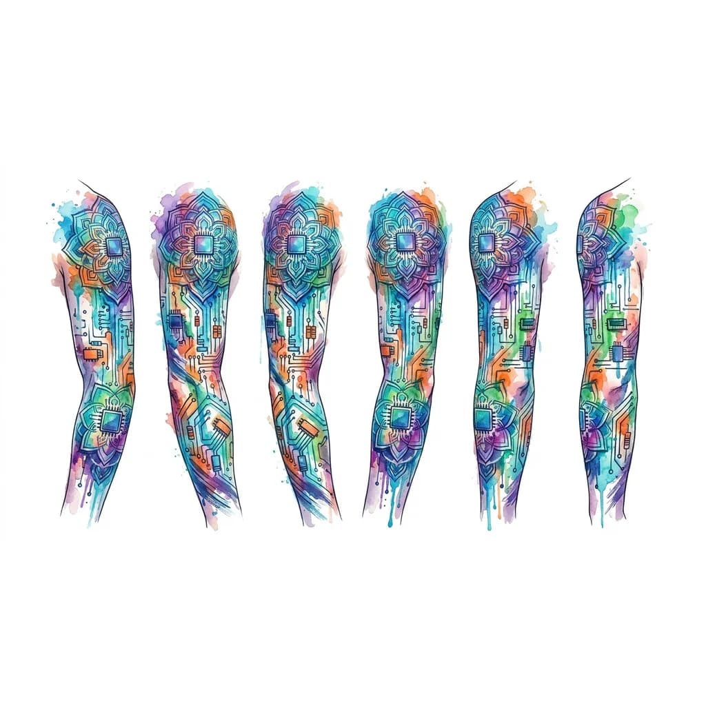 Тату эскиз: Рукав в стиле электрических схем и плат как мандала 