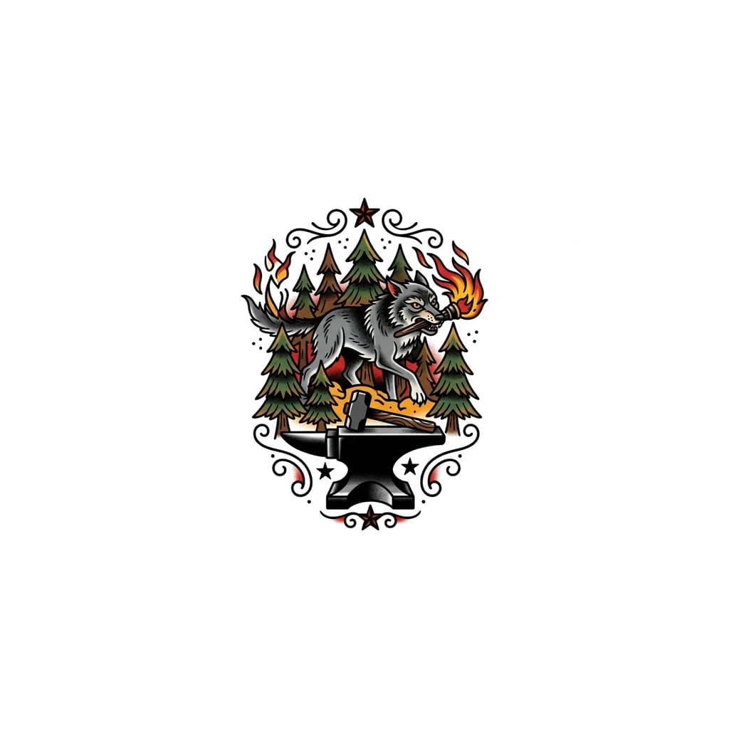 Тату эскиз: Волк похитивший огонь, наковальня, молот, дерево