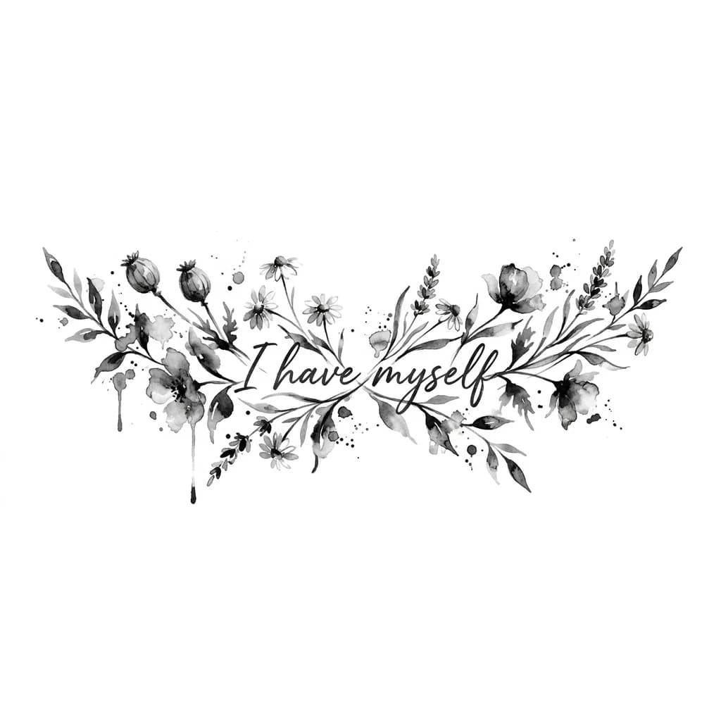 Тату эскиз: Татуировка на запястье полевой цветок с фразой вплетеной в стебель  "I have myself" 

