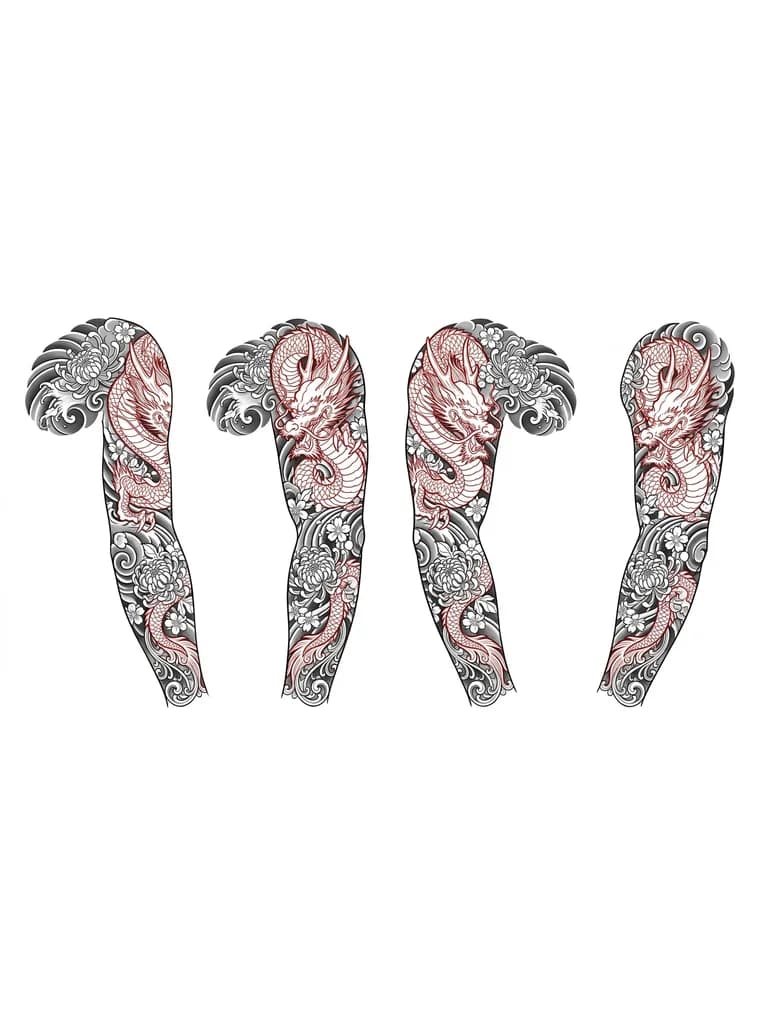 Тату эскиз: японский стиль, дракон, красные линии, цветы