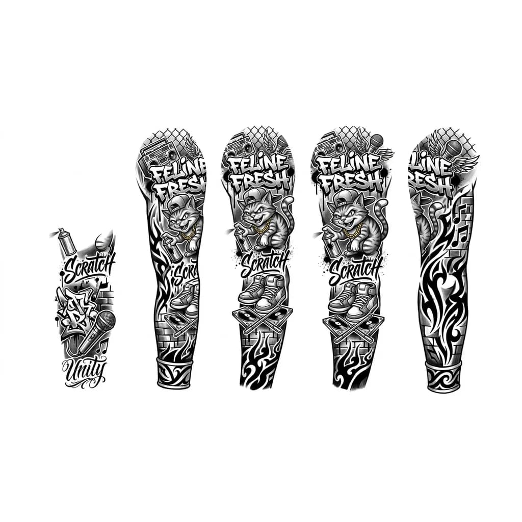 Тату эскиз: сгенерируй эскиз рукава в стиле рэп эстетике, граффити, с калиграфией и моим котом в главной роли