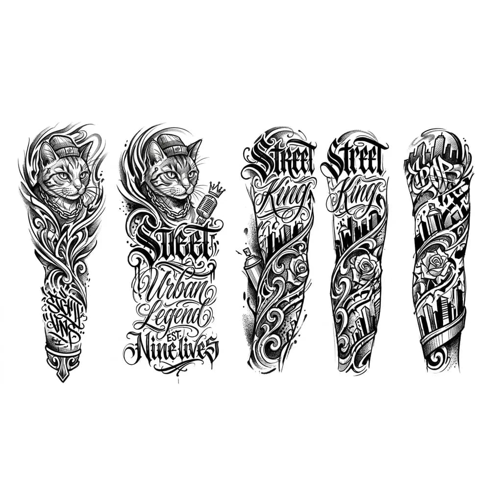 Тату эскиз: сгенерируй эскиз рукава в стиле рэп эстетике, граффити, с калиграфией и моим котом в главной роли