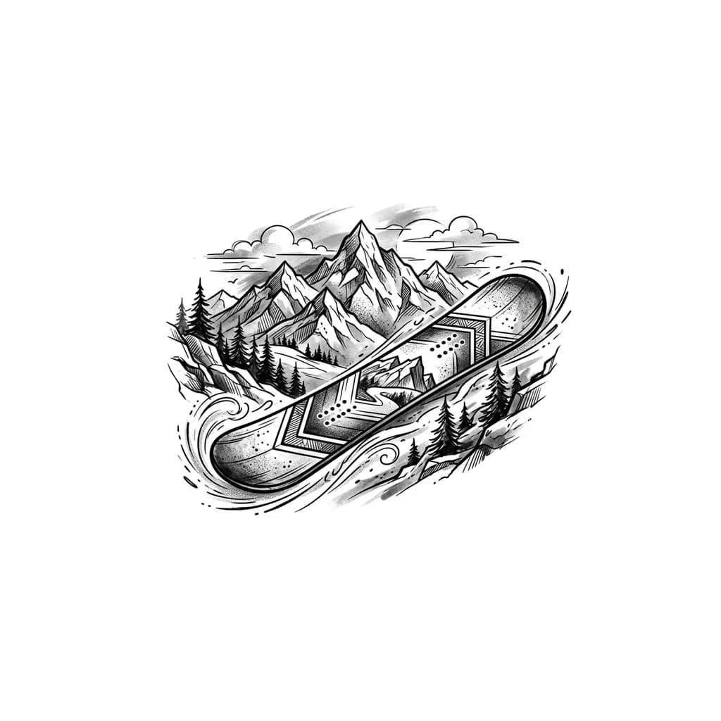 Тату эскиз: Маленькая татуировка сноуборд на фоне гор