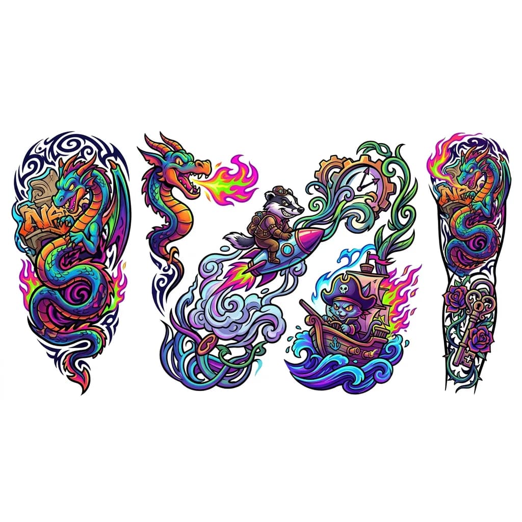 Тату эскиз: Неоновый психоделический огонь