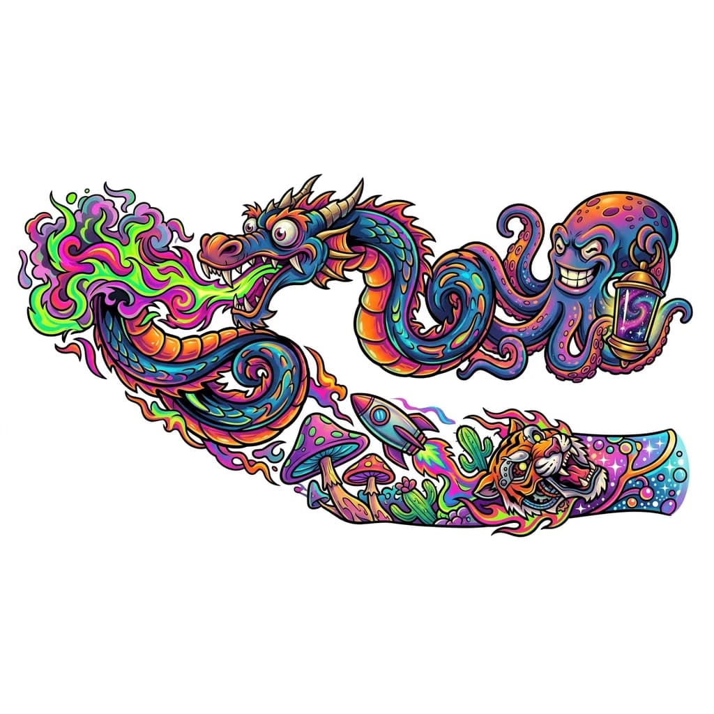 Тату эскиз: Неоновый психоделический огонь