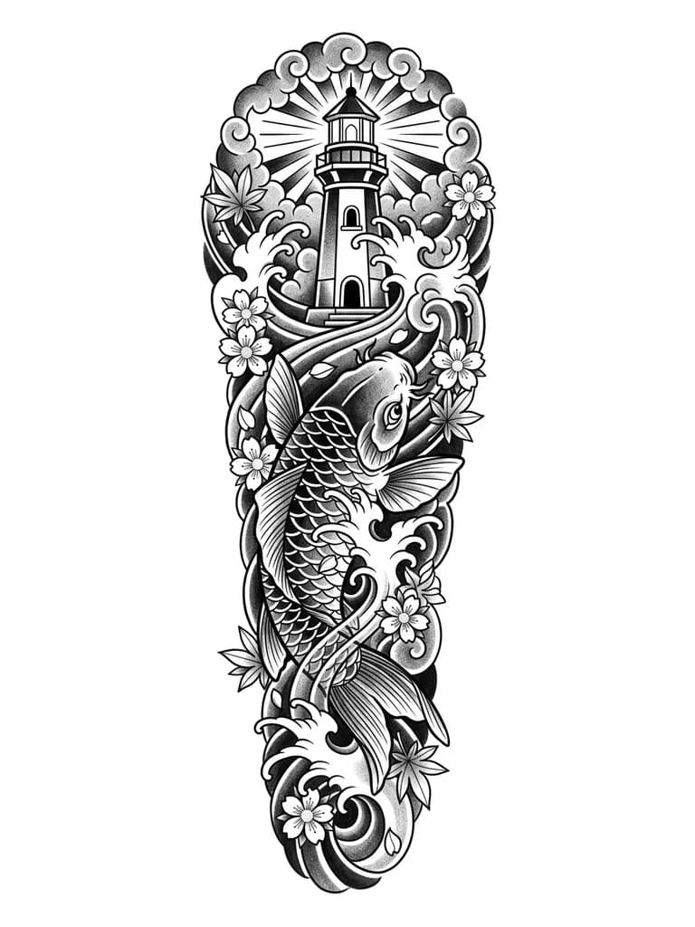 Тату эскиз: Тату эскиз на бедро для женщины в японском стиле с карпом, маяком