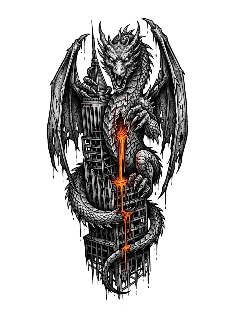 Тату эскиз: тату: дракон, крепко вцепился когтистыми лапами в крышу небоскреба. Дракон обвил хвостом этажи здания. Он смотрит прямо в камеру в груди дракона зияет глубокая рваная рана, из которой медленно стекает густая, ярко-оранжевая раскаленная лава. Сохранить композицию, при которой дракон является доминантой кадра