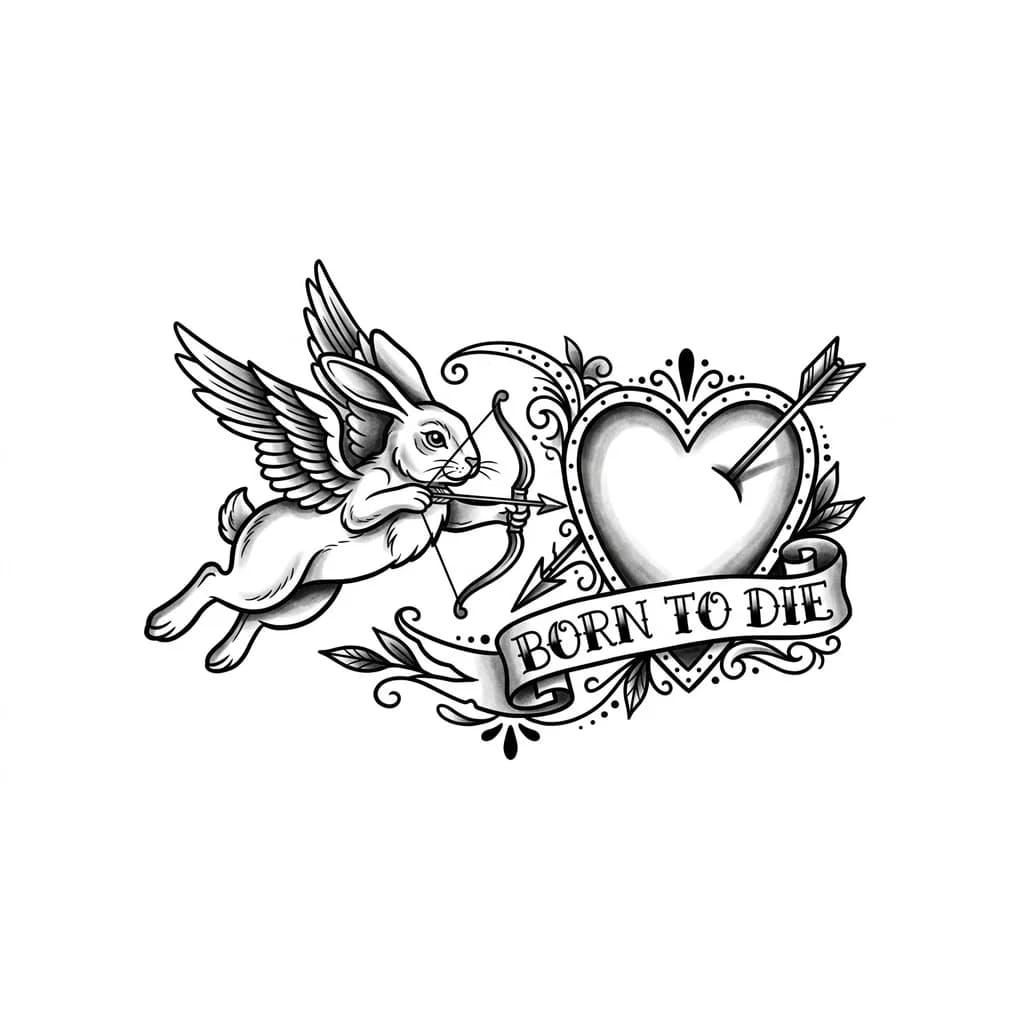 Тату эскиз: маленький кролик с крыльями стреляющий из лука в сердце и надпись «born to die»