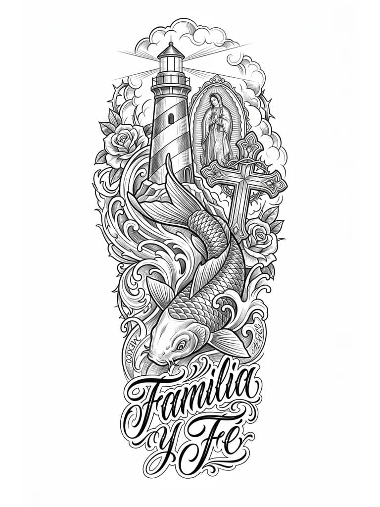 Тату эскиз: Тату эскиз для женщины с карпом, маяком