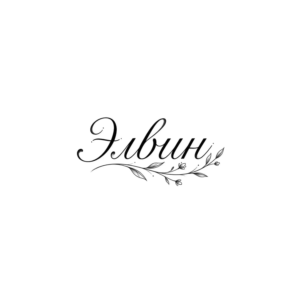 Тату эскиз: Имя элвин красивым шрифтом с маленткой веточкой 