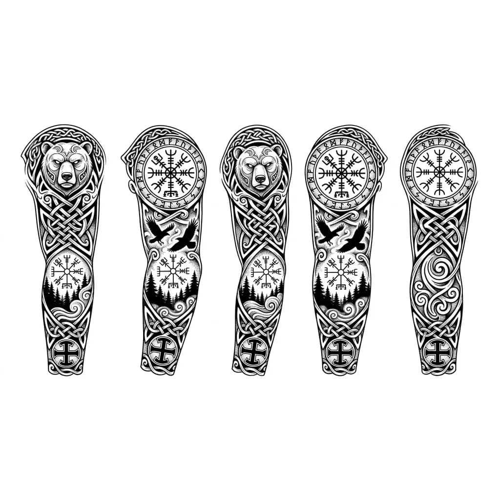 Тату эскиз: Скандинавская тематика. Тату вертикальное, будет состоять из нескольких частей. На плече изображаем хмурого медведя, над медведем будет изображён эгисхьяльмур до локтя
От локтя до кисти будет изображёно два парящих ворона над лесом и вегвизир, внизу трольский крест. 
Всё в тумане. 