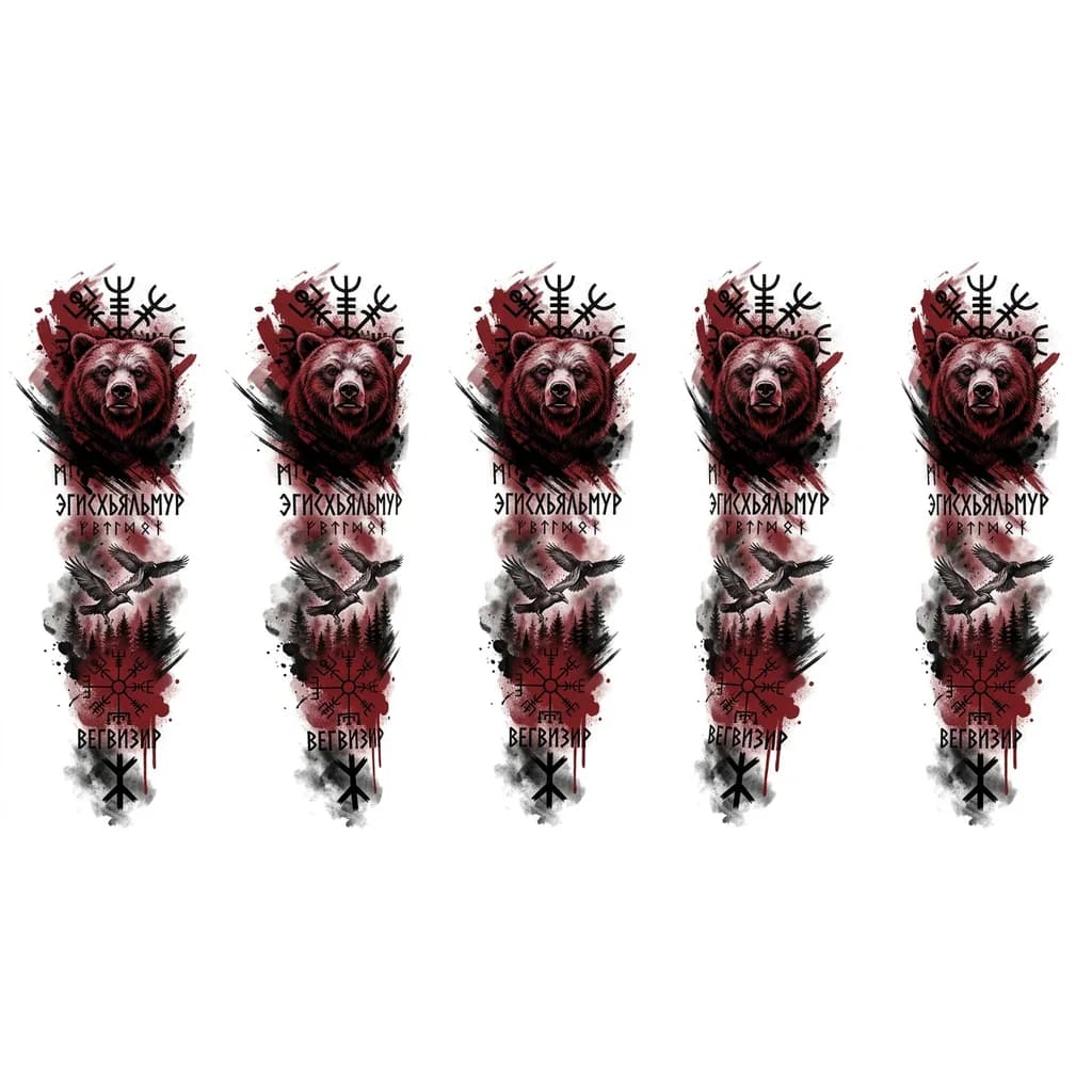 Тату эскиз: Скандинавская тематика. Тату вертикальное, будет состоять из нескольких частей. На плече изображаем хмурого медведя, над медведем будет изображён эгисхьяльмур до локтя
От локтя до кисти будет изображёно два парящих ворона над лесом и вегвизир, внизу трольский крест. 
Всё в тумане. 