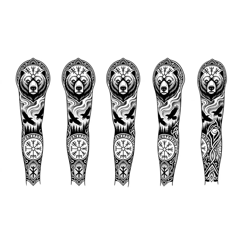 Тату эскиз: Скандинавская тематика. Тату вертикальное, будет состоять из нескольких частей. На плече изображаем хмурого медведя, над медведем будет изображён эгисхьяльмур до локтя
От локтя до кисти будет изображёно два парящих ворона над лесом и вегвизир, внизу трольский крест. 
Всё в тумане. 