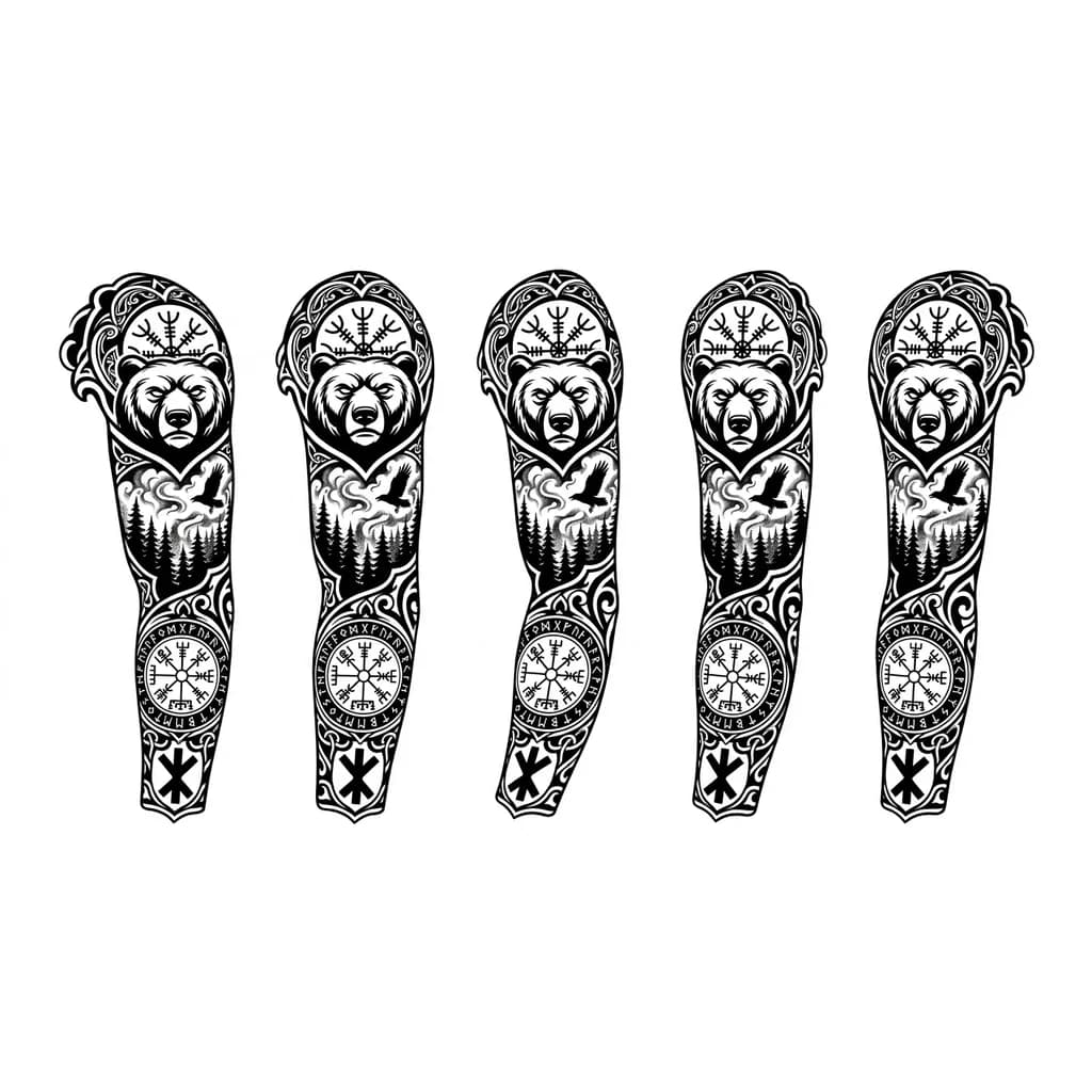 Тату эскиз: Скандинавская тематика. Тату вертикальное, будет состоять из нескольких частей. На плече изображаем хмурого медведя, над медведем будет изображён эгисхьяльмур до локтя
От локтя до кисти будет изображёно два парящих ворона над лесом и вегвизир, внизу трольский крест. 
Всё в тумане. 