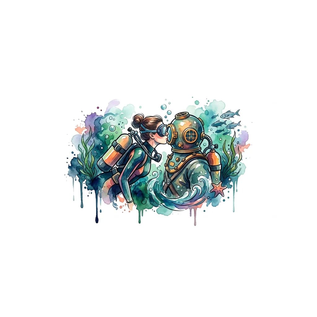 Тату эскиз: Девушка дайвер с снаряжении с баллонами воздуха на спине целует водолаза в трехболтовом снаряжении под водой ,вертикальное тату на предплечье 