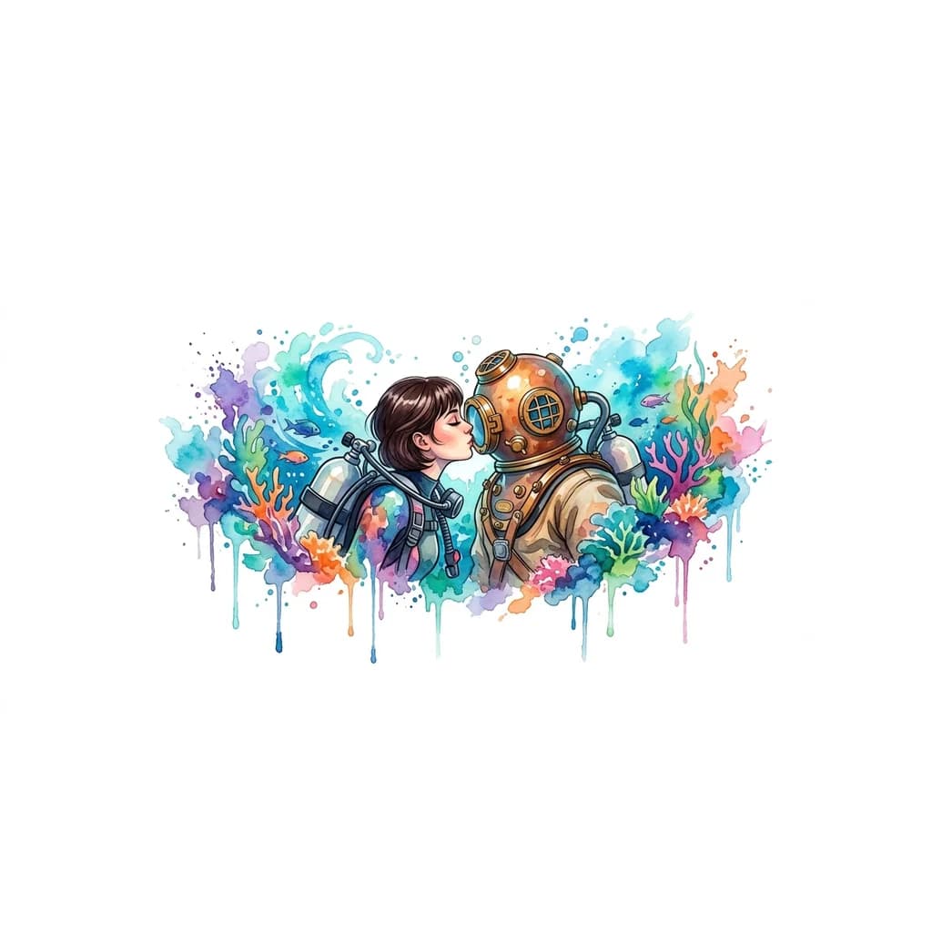 Тату эскиз: Девушка дайвер с темно-русыми  волосами,стрижка Карэ в снаряжении с баллонами воздуха на спине целует водолаза в трехболтовом снаряжении под водой ,в полный рост