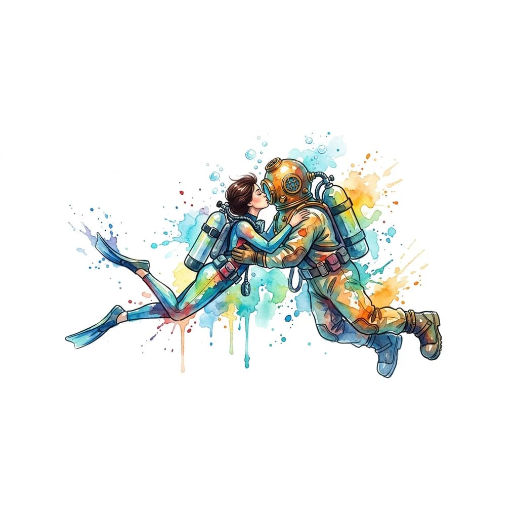 Тату эскиз: Девушка дайвер с темно-русыми  волосами,стрижка Карэ без челки в снаряжении с баллонами воздуха на спине в ластах на ногах целует водолаза в трехболтовом снаряжении в водолазных ботинках под водой 