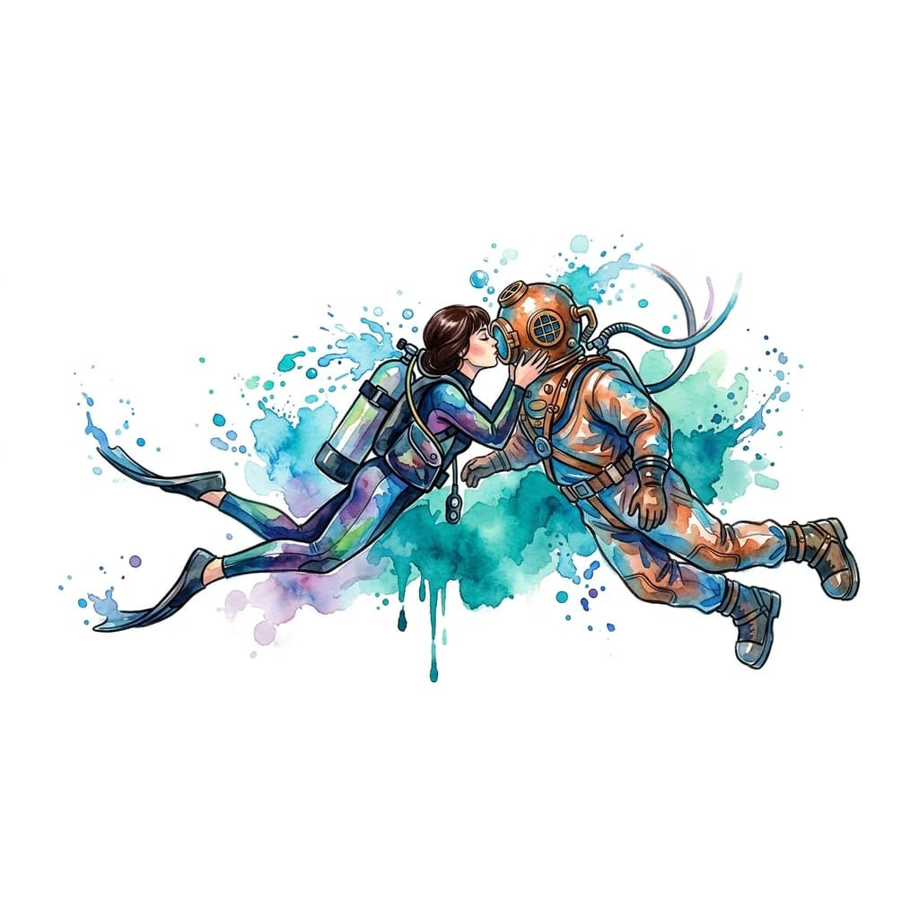 Тату эскиз: Девушка дайвер с темно-русыми  волосами,стрижка Карэ без челки в снаряжении с баллонами воздуха на спине в ластах на ногах целует водолаза в трехболтовом снаряжении в водолазных ботинках под водой 