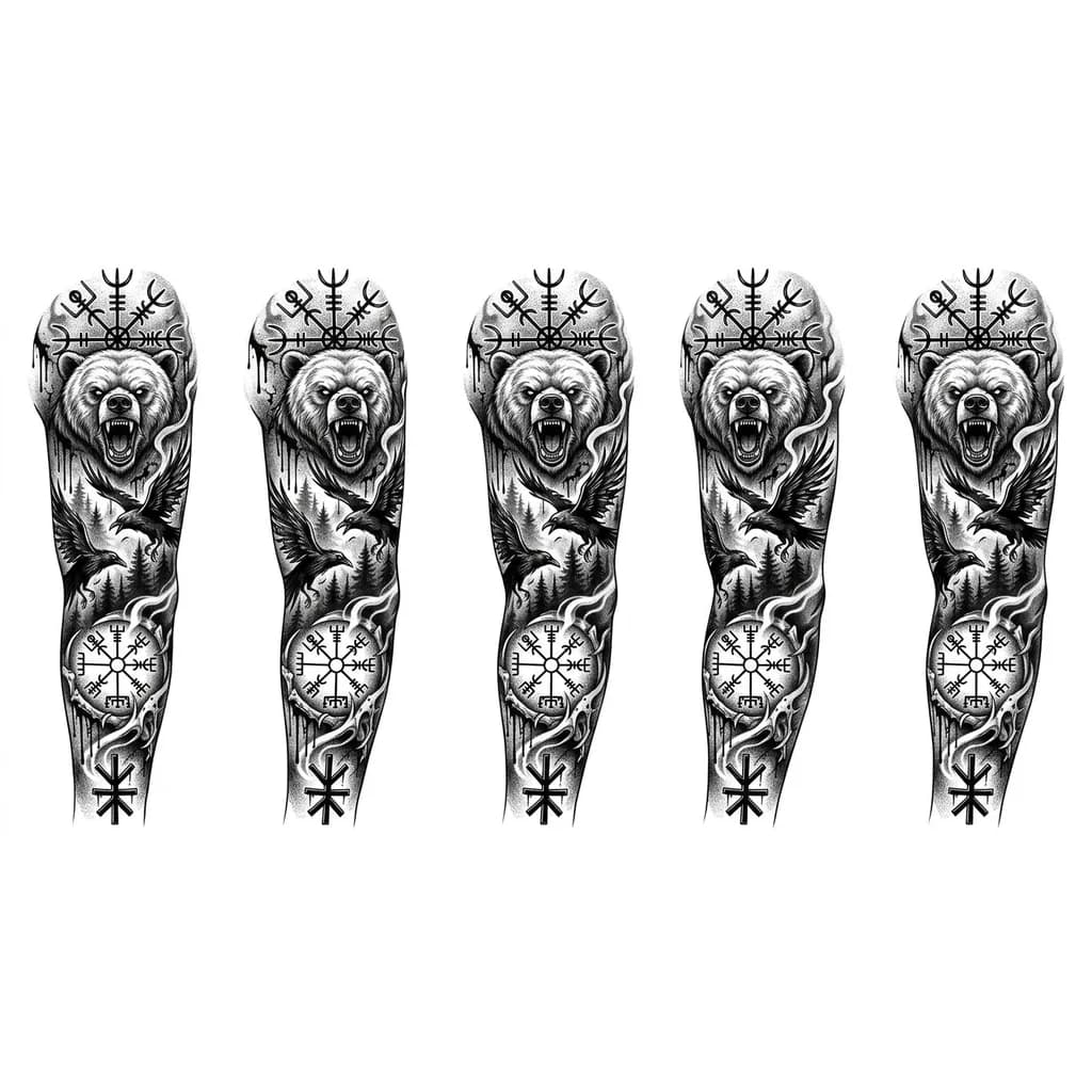 Тату эскиз: Скандинавская тематика. Тату будет состоять из нескольких частей. На плече изображаем хмурого медведя, над медведем будет изображён эгисхьяльмур до локтя
От локтя до кисти будет изображёно два парящих ворона над лесом и вегвизир, внизу трольский крест
Всё в тумане. 