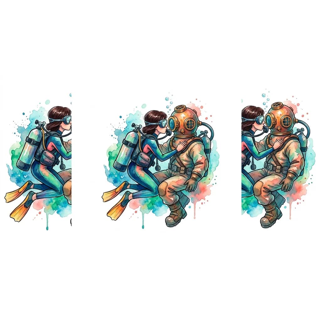 Тату эскиз: Девушка дайвер с темно-русыми  волосами,стрижка Карэ без челки в снаряжении с баллонами воздуха на спине в ластах на ногах целует водолаза в трехболтовом снаряжении в водолазных ботинках 