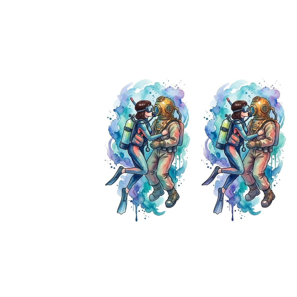 Тату эскиз: Девушка дайвер с темно-русыми  волосами,стрижка Карэ без челки в снаряжении с баллонами воздуха на спине в ластах на ногах целует водолаза в трехболтовом снаряжении в водолазных ботинках 