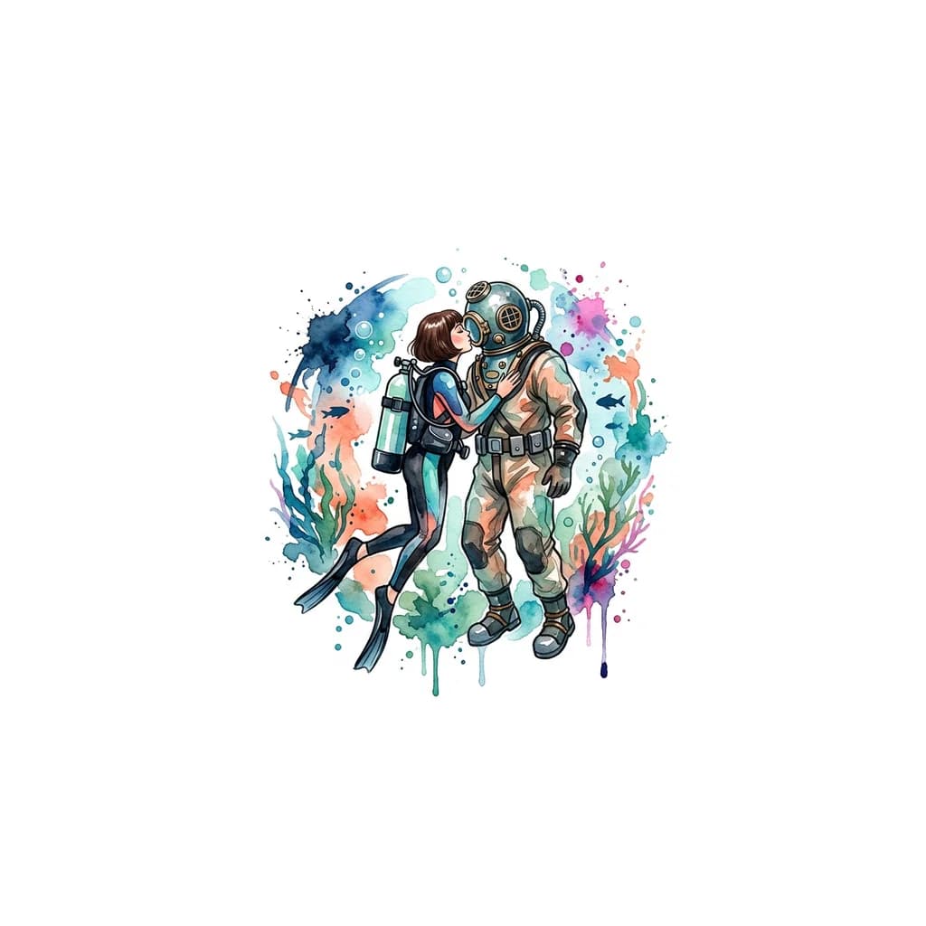 Тату эскиз: Девушка дайвер с темно-русыми  волосами,стрижка Карэ без челки в снаряжении с баллонами воздуха на спине в ластах на ногах целует высокого водолаза в трехболтовом снаряжении в водолазных ботинках 