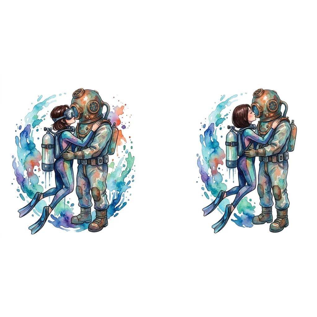 Тату эскиз: Девушка дайвер с темно-русыми  волосами,стрижка Карэ без челки в снаряжении с баллонами воздуха на спине в ластах на ногах в маске на лице целует высокого водолаза в трехболтовом снаряжении в водолазных ботинках 