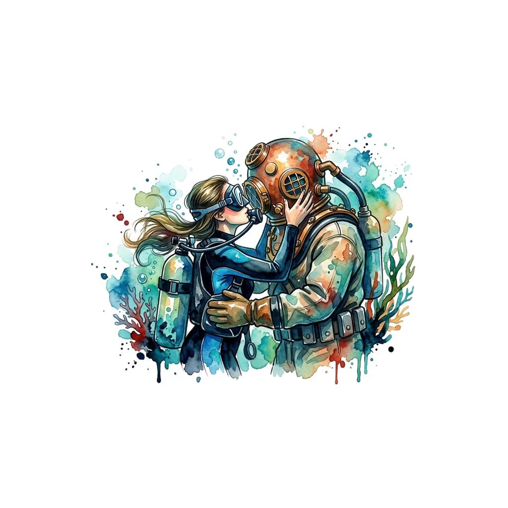 Тату эскиз: Девушка дайвер с маске на лице с темно-русыми волосами средней длины без челки целует водолаза в трехболтовом снаряжении в водолазных ботинках ,водолаз обнимает девушку,девушка обнимает водолаза
