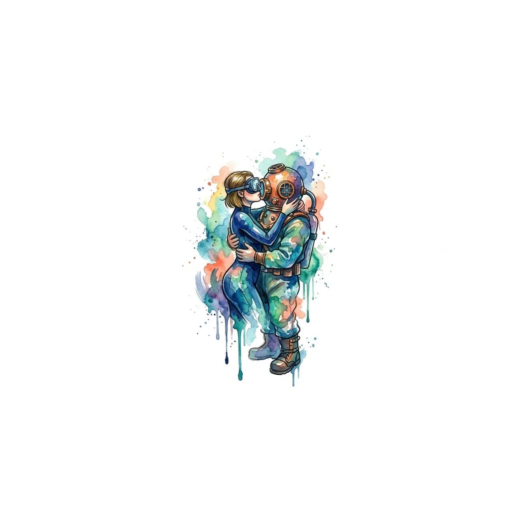 Тату эскиз: Девушка дайвер с маске на лице с темно-русыми волосами стрижка карэ без челки целует водолаза в трехболтовом снаряжении в водолазных ботинках ,водолаз обнимает девушку,девушка обнимает водолаза