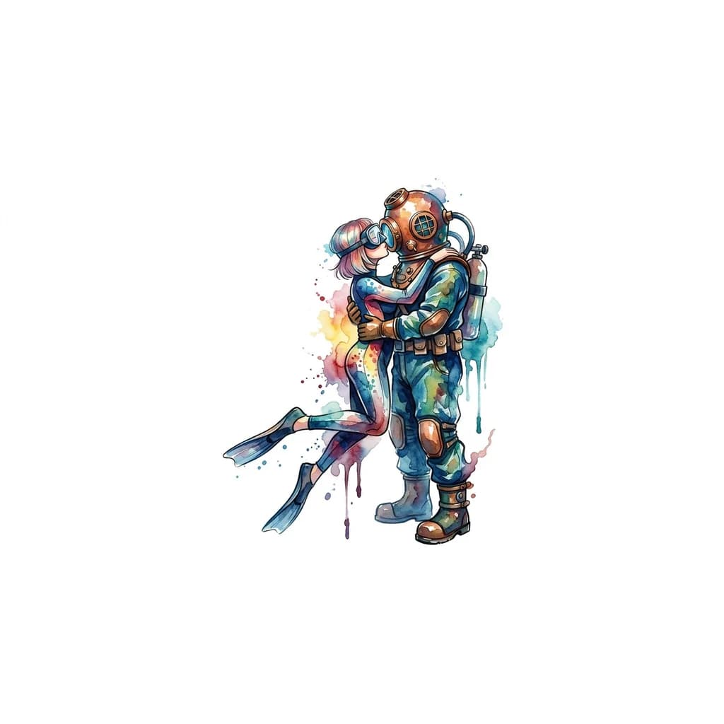 Тату эскиз: Девушка дайвер с маске на лице с темно-русыми волосами стрижка карэ без челки в ластах на ногах целует высокого водолаза в трехболтовом снаряжении в водолазных ботинках ,водолаз обнимает девушку,девушка обнимает водолаза