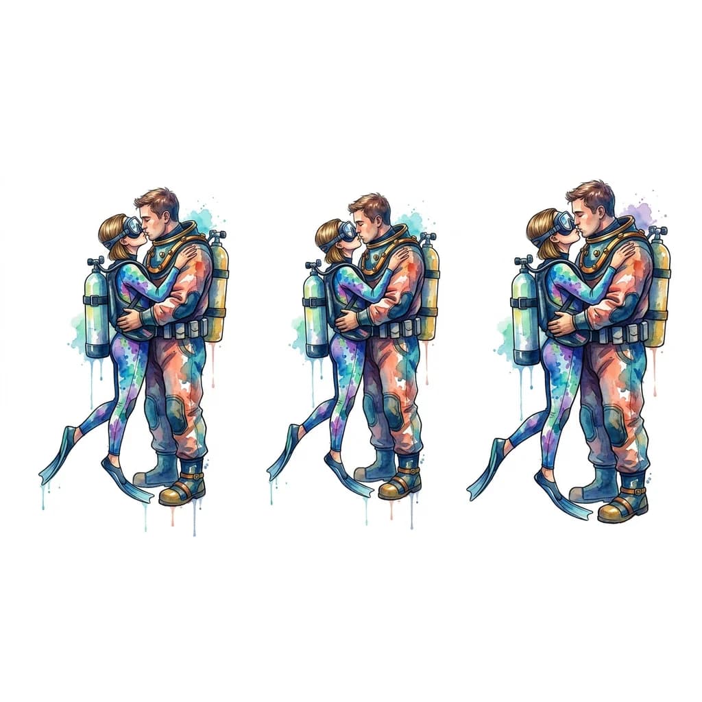 Тату эскиз: Девушка дайвер с баллоном воздуха на спине в  маске на лице с темно-русыми волосами стрижка карэ без челки в ластах на ногах целует высокого водолаза в трехболтовом снаряжении в водолазных ботинках ,водолаз обнимает девушку,девушка обнимает водолаза