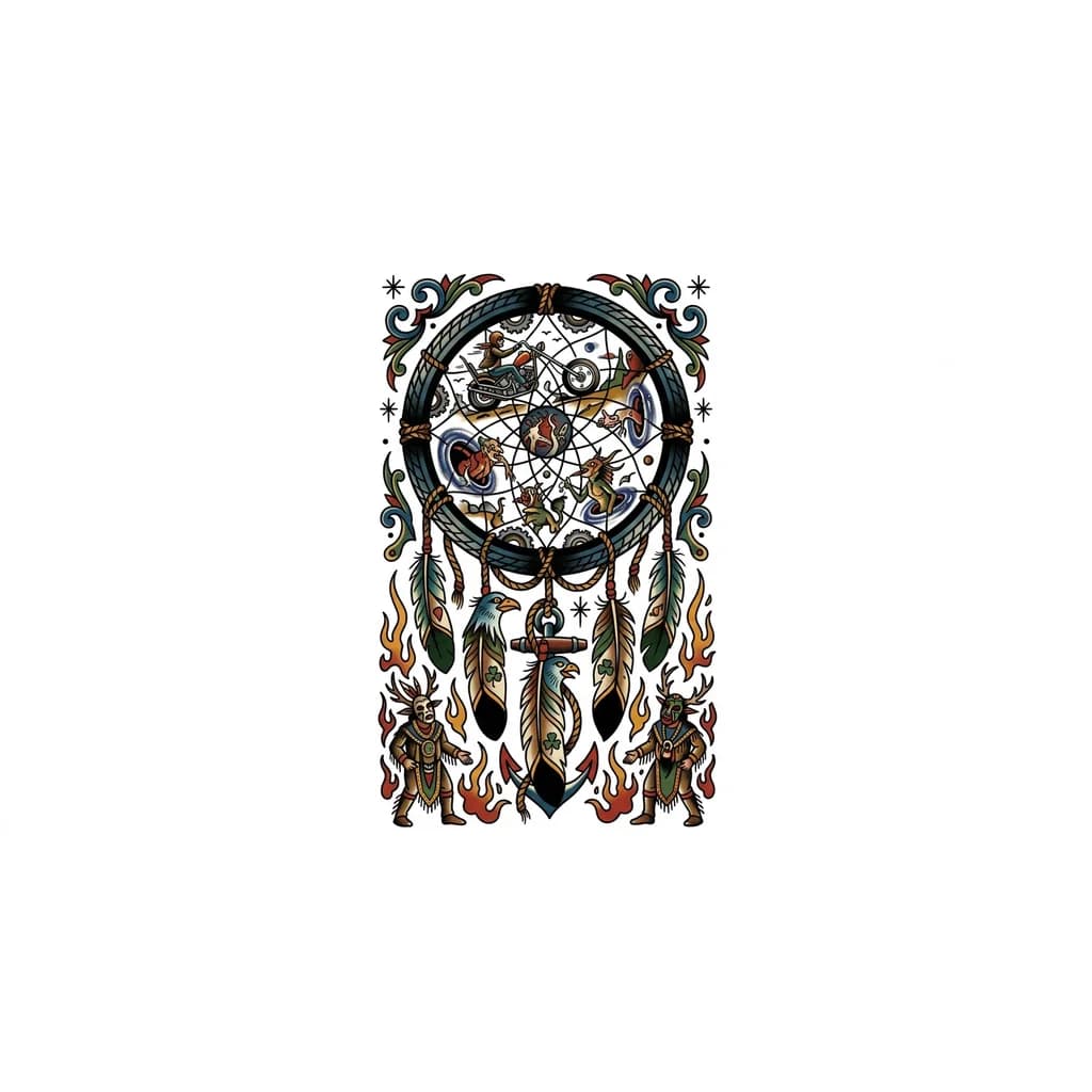 Тату эскиз: Создай татуировку в стиле картин Босх, жизнь человека, меры мотоцикл работа поездки ловец снов шаманы потусторонний мир духи лимб астрал 
