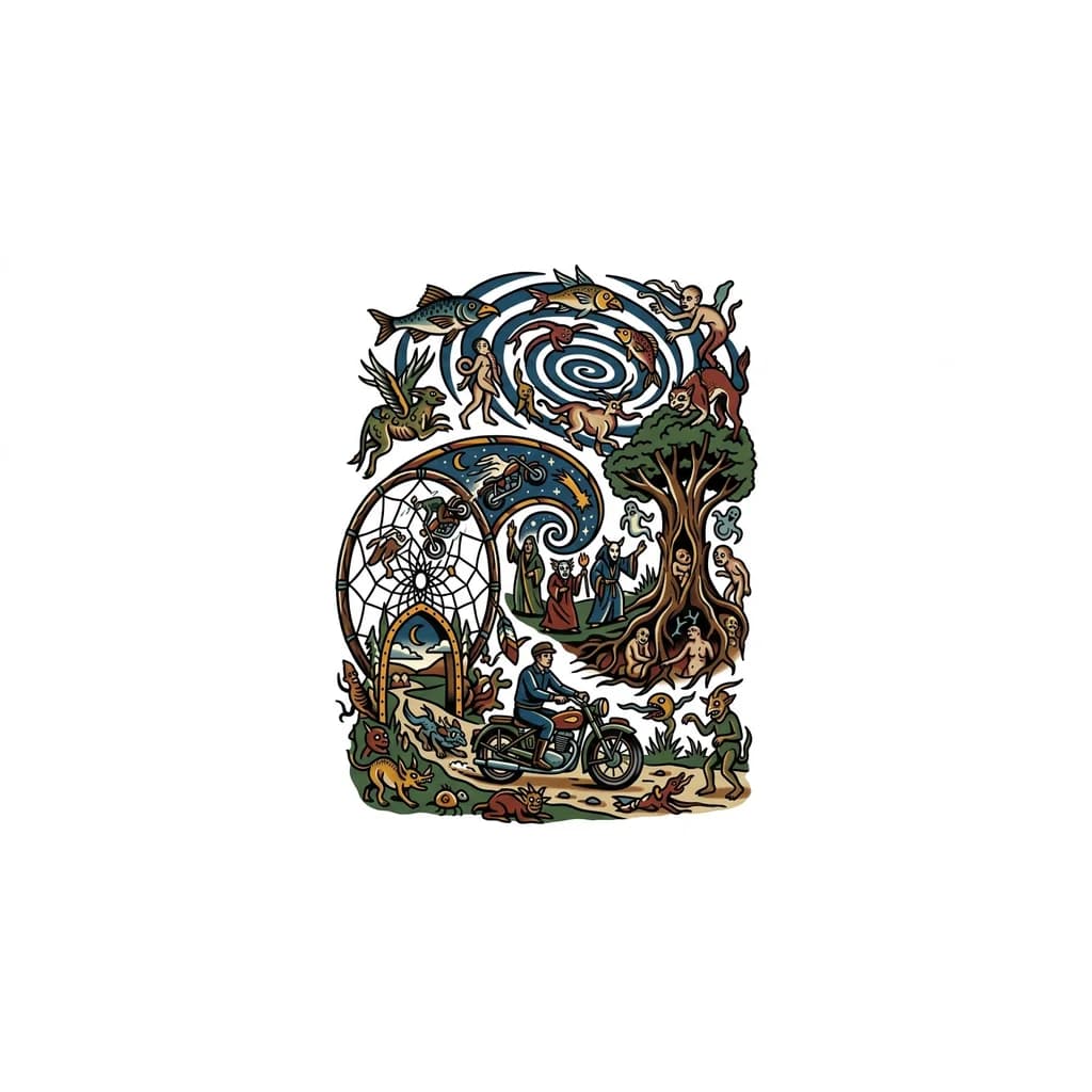 Тату эскиз: Создай татуировку в стиле картин Босх, жизнь человека, меры мотоцикл работа поездки ловец снов шаманы потусторонний мир духи лимб астрал 