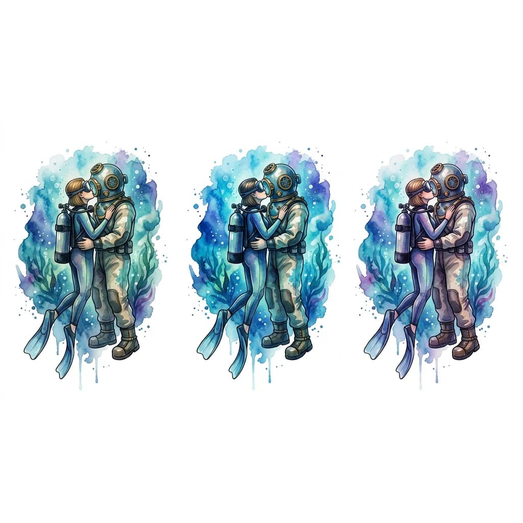 Тату эскиз: Девушка дайвер с баллоном воздуха на спине в  маске на лице с темно-русыми волосами стрижка карэ без челки в ластах на ногах целует высокого водолаза в трехболтовом снаряжении в водолазных ботинках 