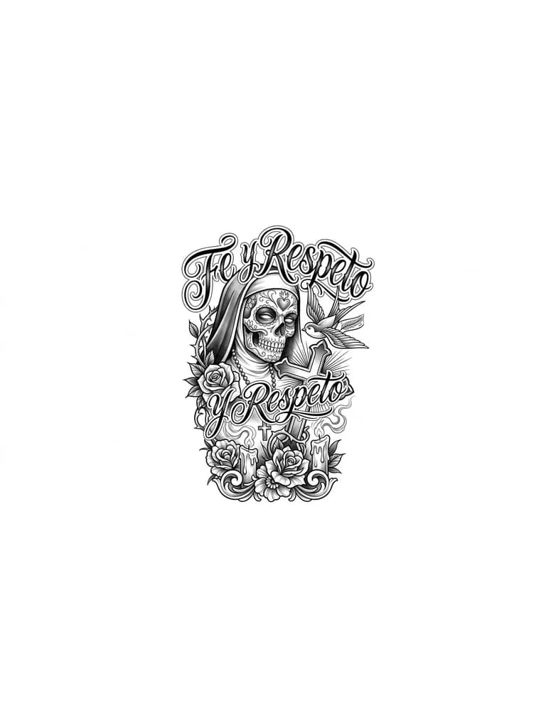 Тату эскиз: Монашка, череп, крест, птица, цветы, свечи