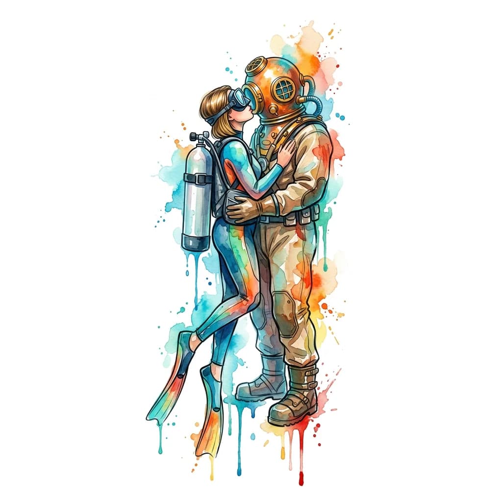 Тату эскиз: Девушка дайвер с баллоном воздуха на спине в  маске на лице с темно-русыми волосами стрижка карэ без челки в ластах на ногах целует высокого водолаза в трехболтовом снаряжении в водолазных ботинках 