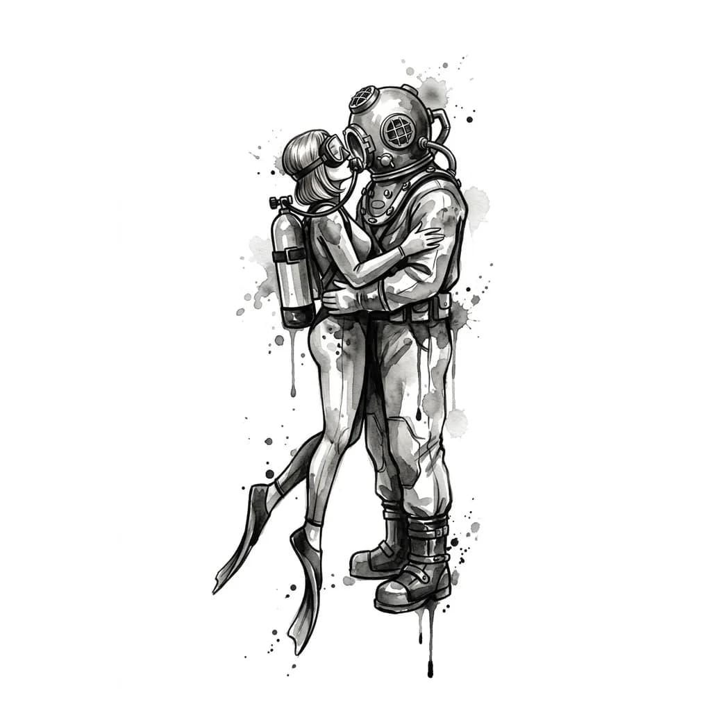 Тату эскиз: Девушка дайвер с баллоном воздуха на спине в  маске на лице с темно-русыми волосами стрижка карэ без челки в ластах на ногах целует высокого водолаза в трехболтовом снаряжении в водолазных ботинках 