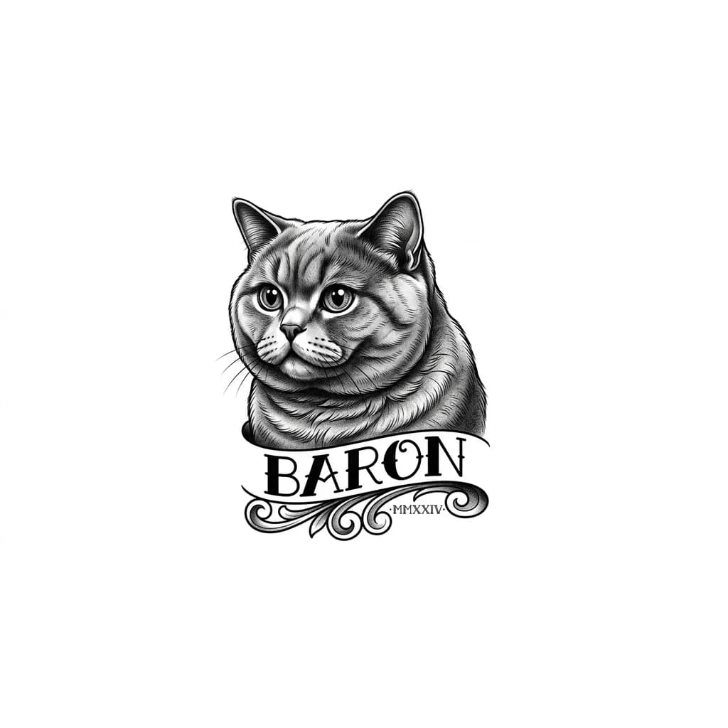 Тату эскиз: Британский вислоухий кот, которого зовут Барон