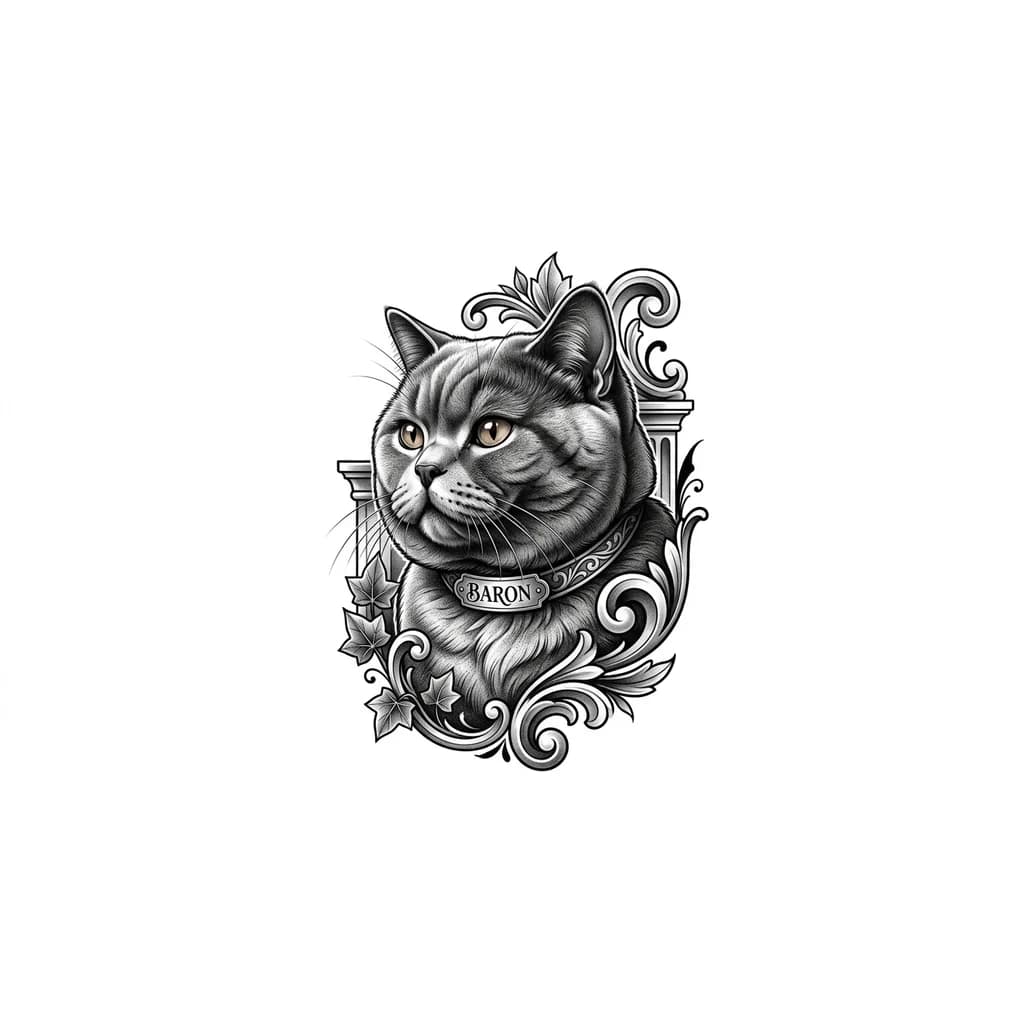 Тату эскиз: Британский ВИСЛОУХИЙ кот, которого зовут Барон