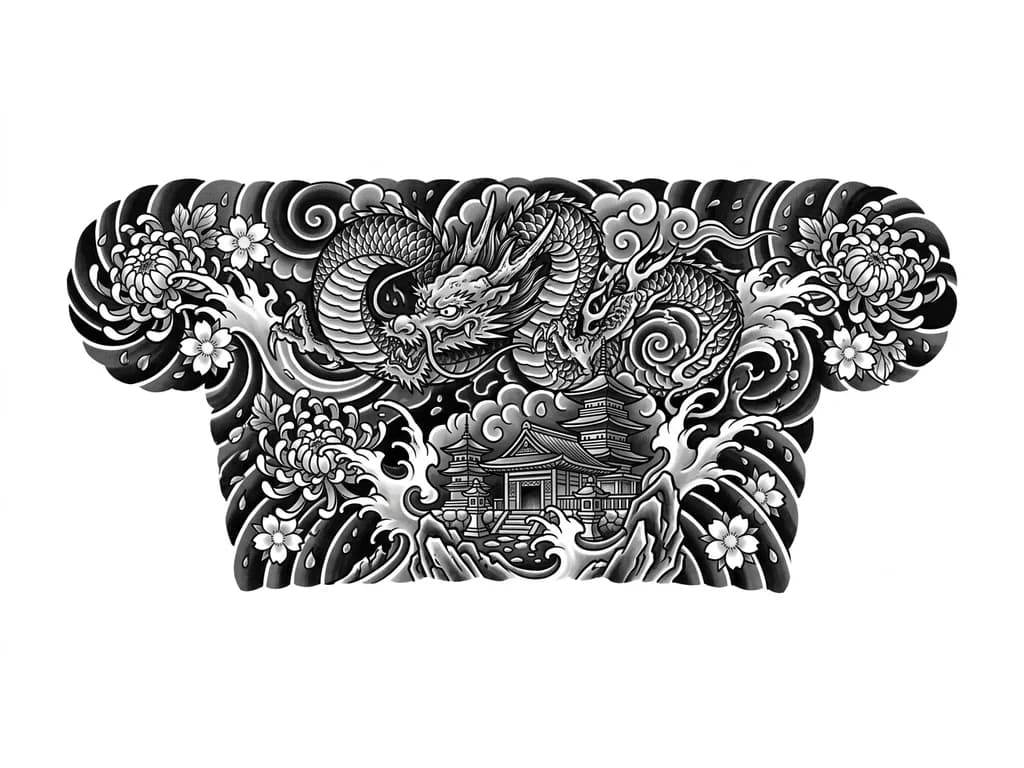 Тату эскиз: Дракон сверху, снизу японский храм. Чёрный Фон с цветами и волнами 