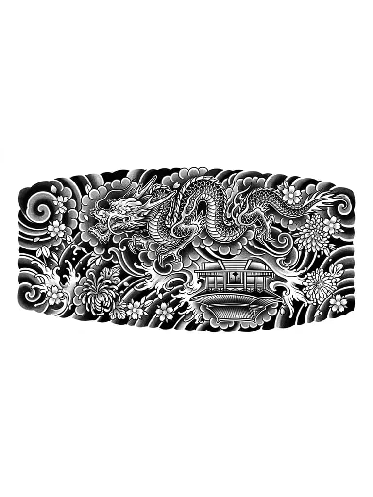 Тату эскиз: Дракон сверху предплечья а японский храм сеизу. Чёрный Фон с цветами и волнами
Сделай дракона полностью, а не половину. И сделай храм снизу и переверни его 