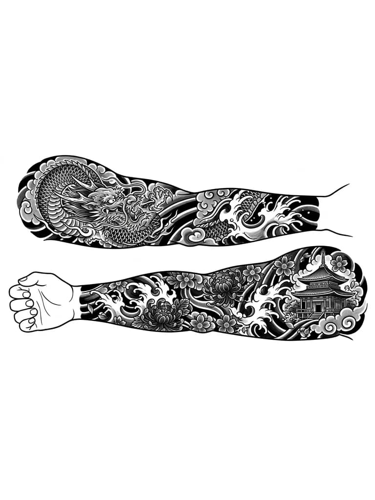 Тату эскиз: Сверху руки Полный дракон, снизу где кисть храм смотрит на пальцы, а фон чёрный с цветами и волнами 