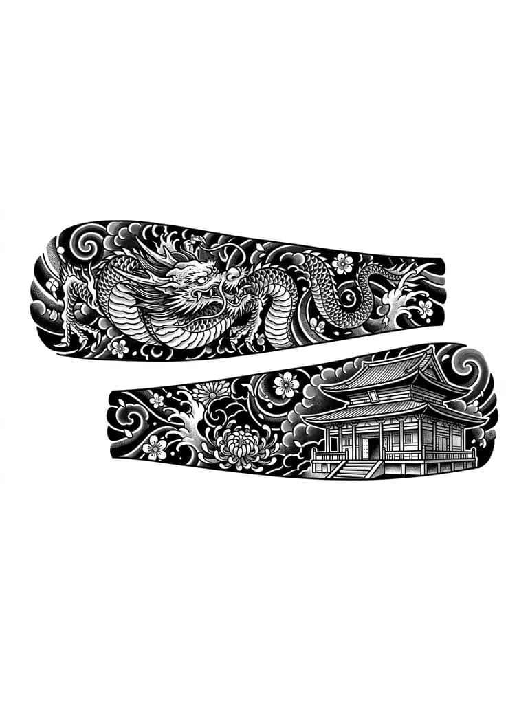 Тату эскиз: Сверху предплечья Полный дракон, снизу где кисть храм смотрит на пальцы, а фон чёрный с цветами и волнами. Оставь такой фон, сделай другого дракона и храм