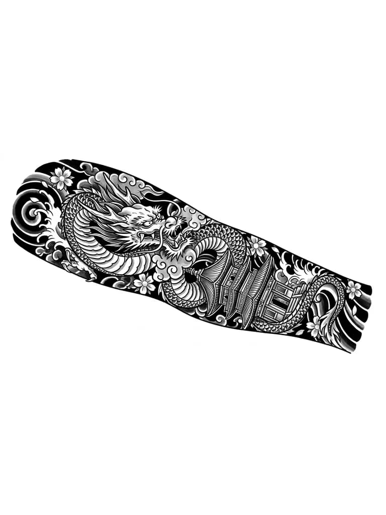 Тату эскиз: Сверху предплечья Полный дракон, снизу где кисть храм смотрит на пальцы и сделай так,как будто дракон обхватывает храм , а фон чёрный с цветами и волнами.