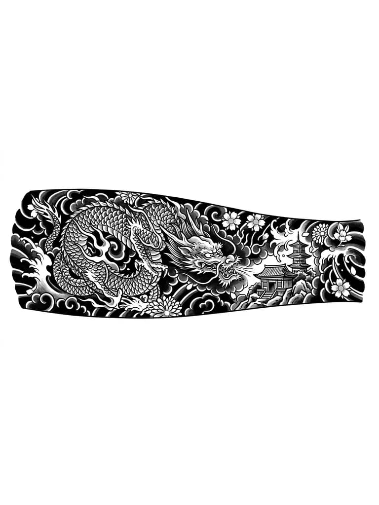 Тату эскиз: Сверху предплечья Полный дракон который летит вниз. Снизу где кисть храм смотрит на пальцы. А фон чёрный с цветами и волнами.