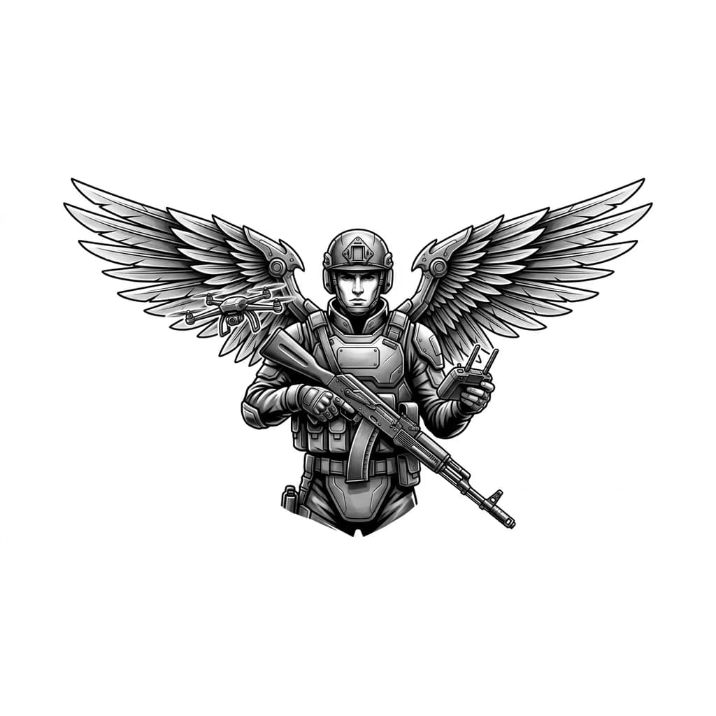 Тату эскиз: Нужен эскиз война сво вс рф,с крыльями на спину с ак-74 с дроном и пультом управления от дрона 