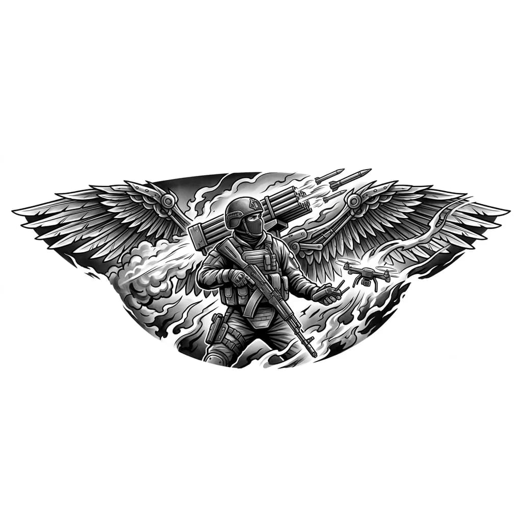 Тату эскиз: Нужен эскиз война сво вс рф,с крыльями на спину с ак-74 с дроном и пультом управления от дрона , в балаклаве , и за спиной стреляет град бм 21 рсзо 