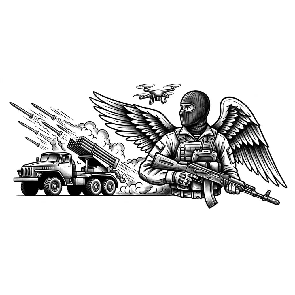 Тату эскиз: Нужен эскиз война сво вс рф,с крыльями на спину с ак-74 с дроном и пультом управления от дрона , в балаклаве , и за спиной стреляет град бм 21 рсзо 
